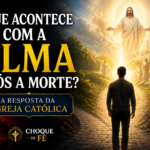 Homem diante de um caminho espiritual entre a escuridão e a luz celestial, representando o destino da alma após a morte segundo a Igreja Católica.