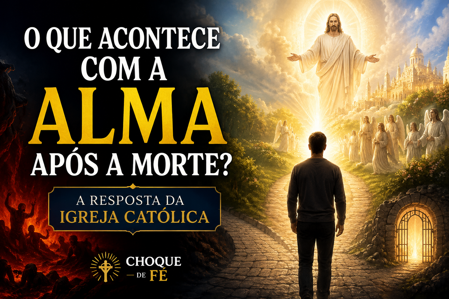 Homem diante de um caminho espiritual entre a escuridão e a luz celestial, representando o destino da alma após a morte segundo a Igreja Católica.
