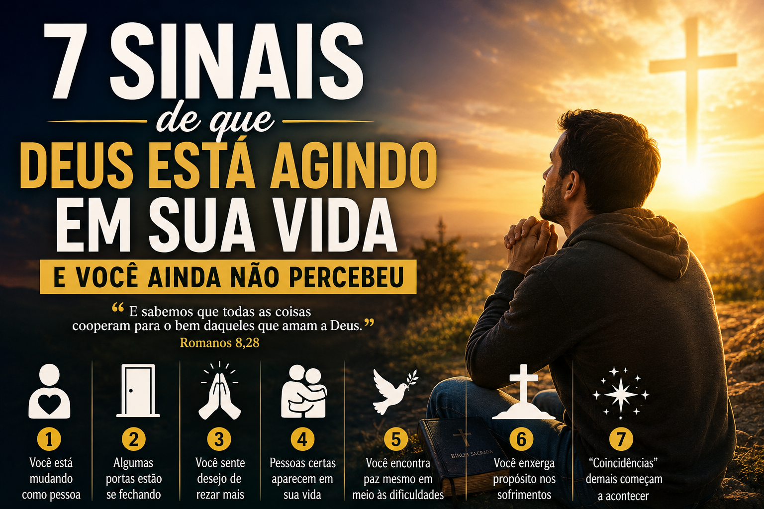 Homem rezando ao pôr do sol diante de uma cruz iluminada, representando os sinais da presença e da ação de Deus na vida das pessoas segundo a fé católica.