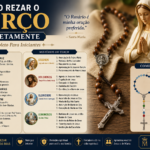Terço católico ao lado de uma imagem de Nossa Senhora com guia ilustrado ensinando passo a passo como rezar o Terço corretamente e os mistérios da oração.
