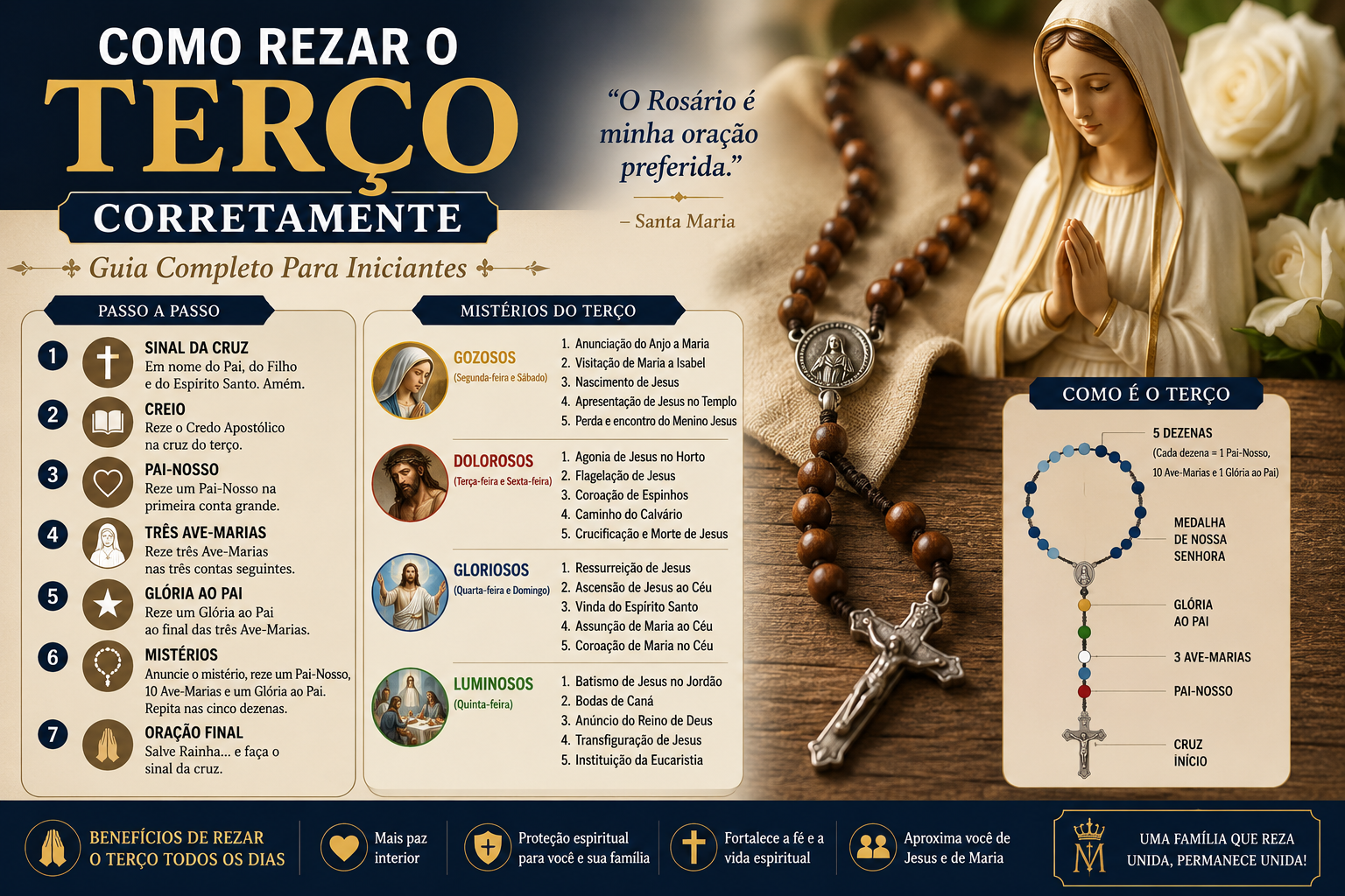 Terço católico ao lado de uma imagem de Nossa Senhora com guia ilustrado ensinando passo a passo como rezar o Terço corretamente e os mistérios da oração.