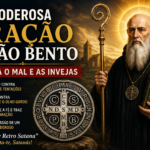 São Bento segurando um báculo e um livro, ao lado da Medalha de São Bento, representando proteção espiritual contra o mal, as tentações e a inveja.