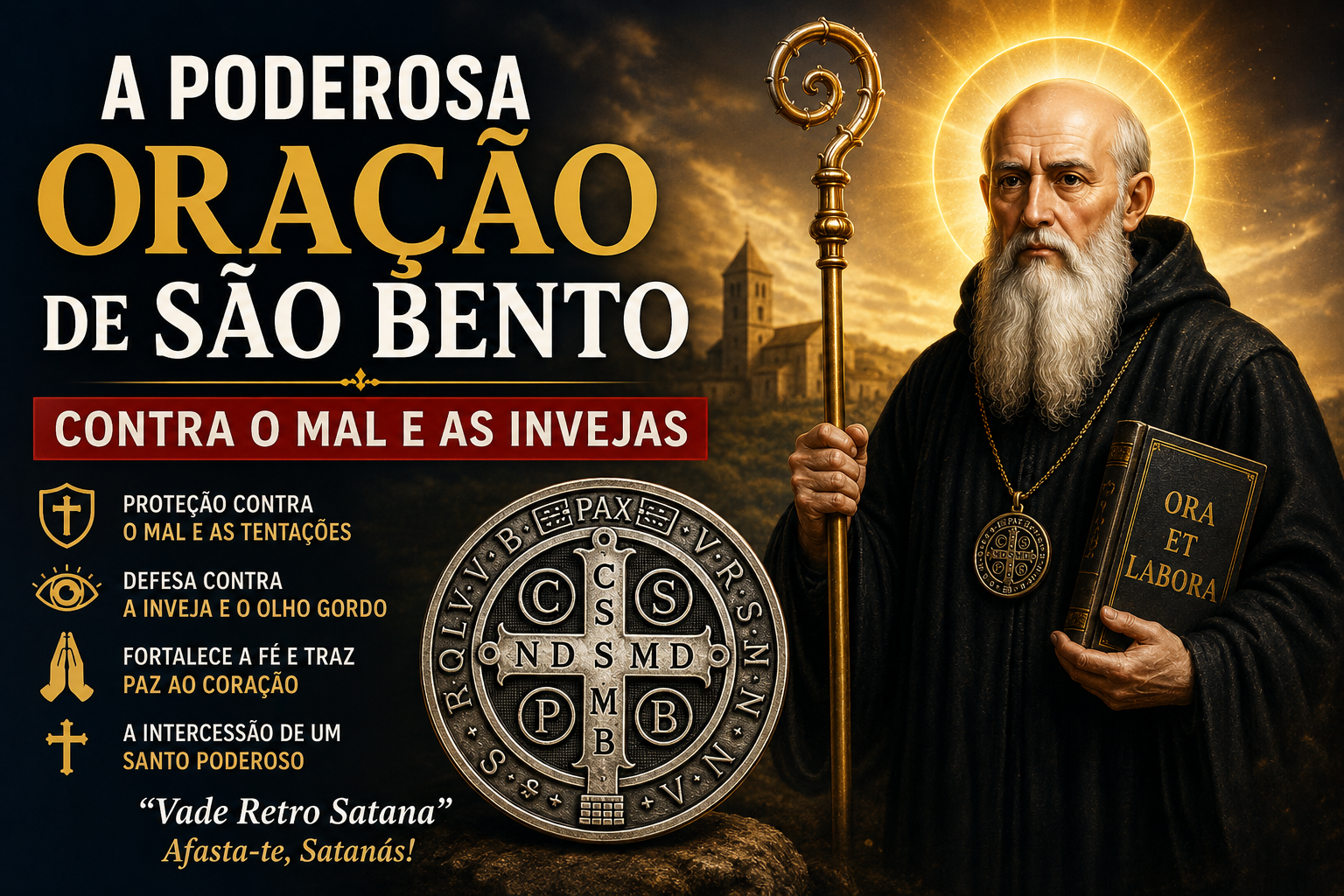 São Bento segurando um báculo e um livro, ao lado da Medalha de São Bento, representando proteção espiritual contra o mal, as tentações e a inveja.