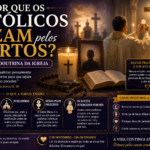 Sacerdote celebrando a Santa Missa diante do altar enquanto fiéis rezam pelos falecidos, representando a doutrina católica sobre a oração pelos mortos e a esperança da vida eterna.