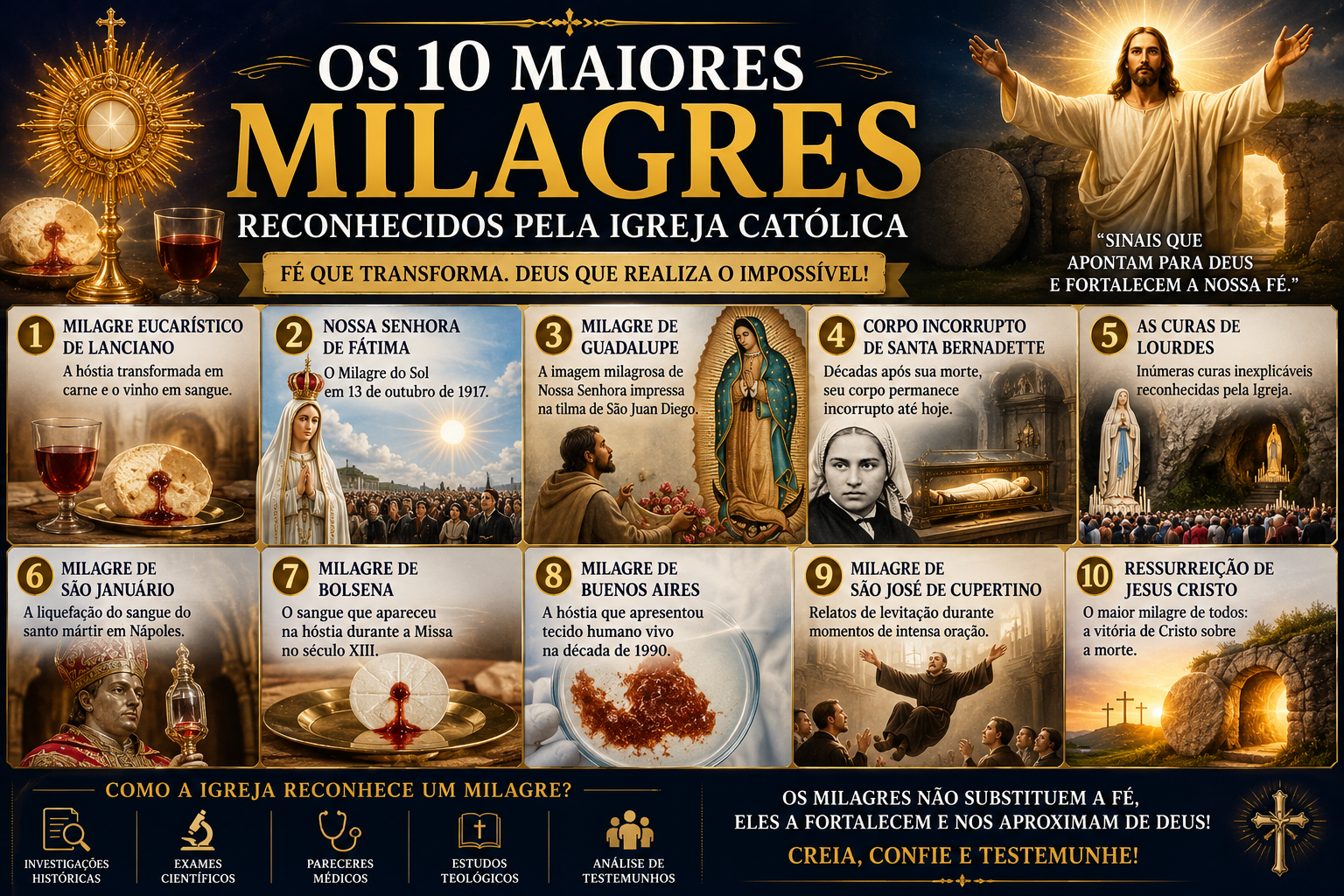 Representação dos principais milagres reconhecidos pela Igreja Católica, incluindo milagres eucarísticos, aparições marianas, curas extraordinárias e a Ressurreição de Jesus Cristo.