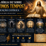 Jesus Cristo retornando em glória sobre as nuvens, com símbolos do Apocalipse, Juízo Final e sinais dos últimos tempos, representando os ensinamentos bíblicos sobre o fim dos tempos segundo a fé católica.