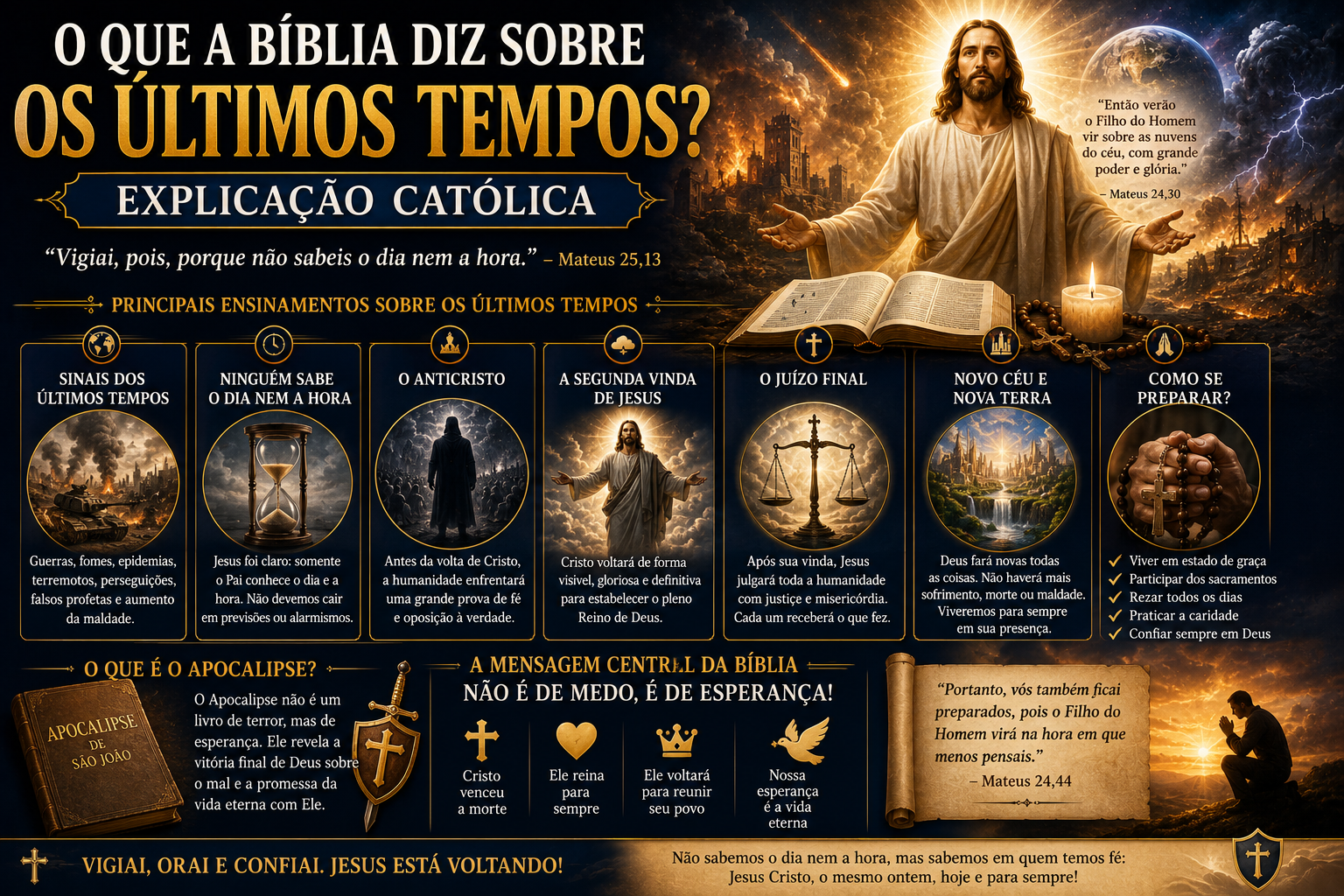 Jesus Cristo retornando em glória sobre as nuvens, com símbolos do Apocalipse, Juízo Final e sinais dos últimos tempos, representando os ensinamentos bíblicos sobre o fim dos tempos segundo a fé católica.